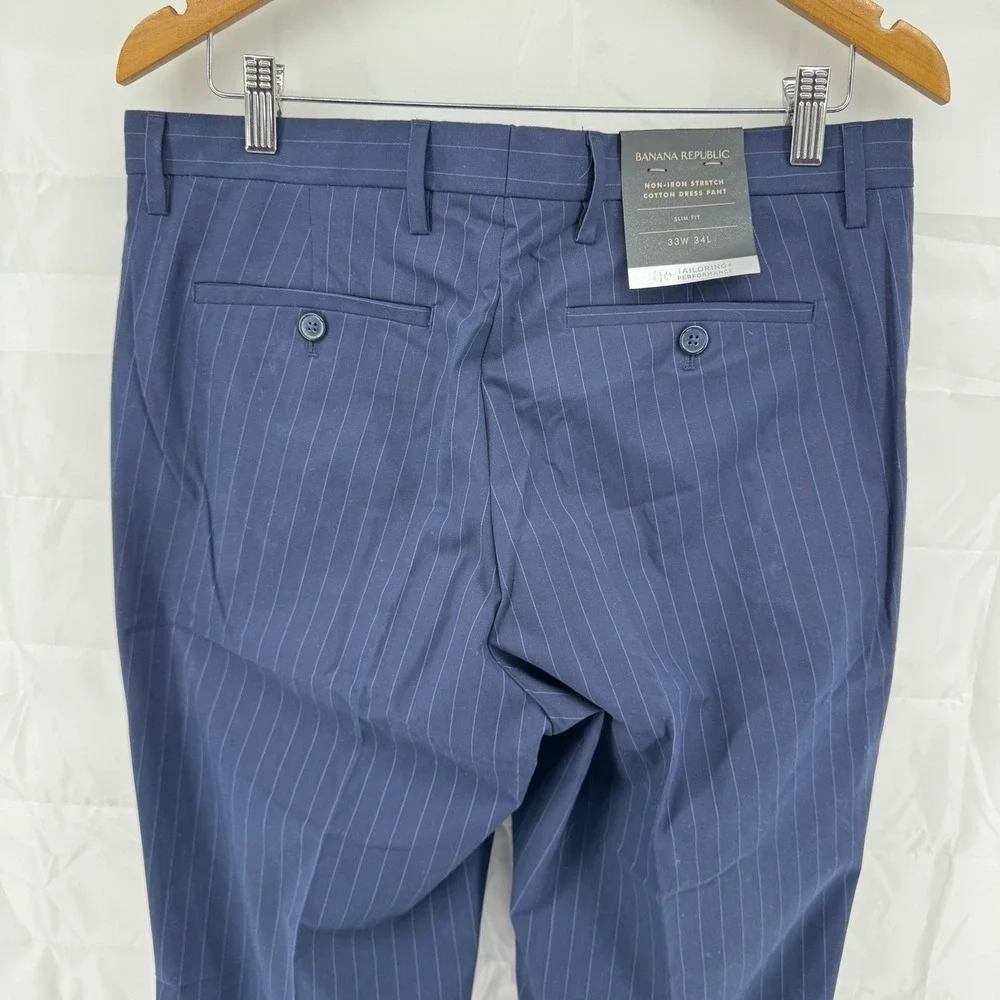 Banana Republic Dress Pant Mens 33x34 Navy Pinstripe‎ Non-Iron Stretch Slim Fit